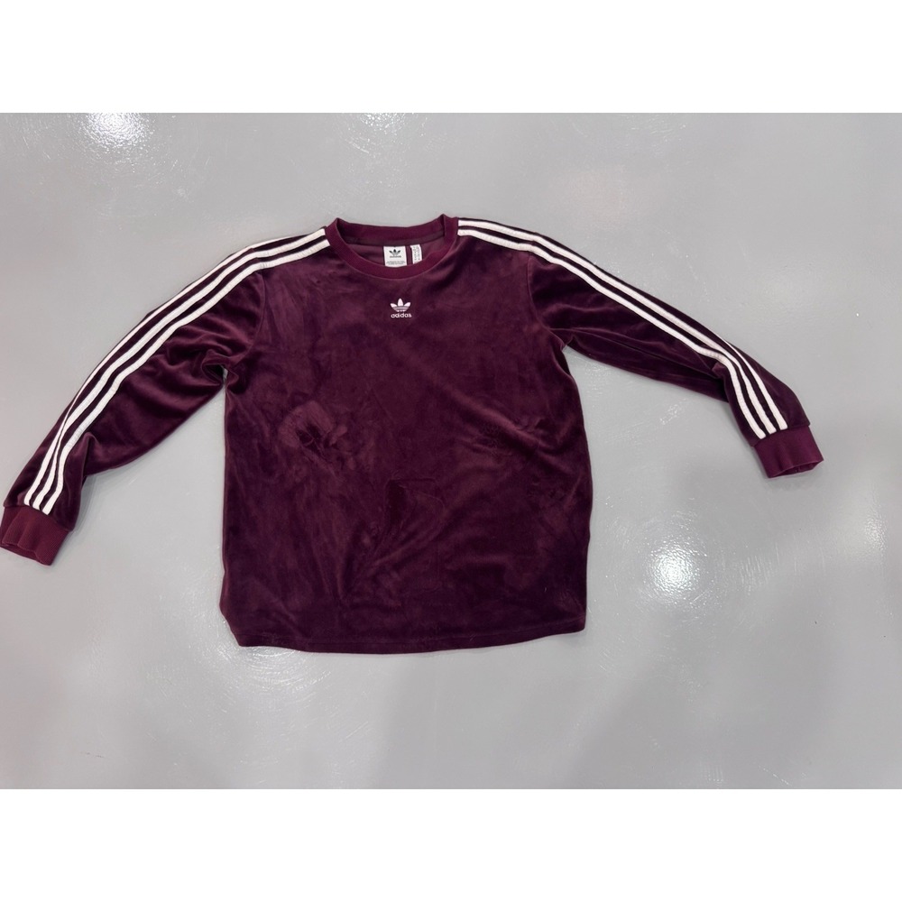 adidas Originals Women's Velour Crewneck Sweatshirt 3-Stripes Burgundy/White L